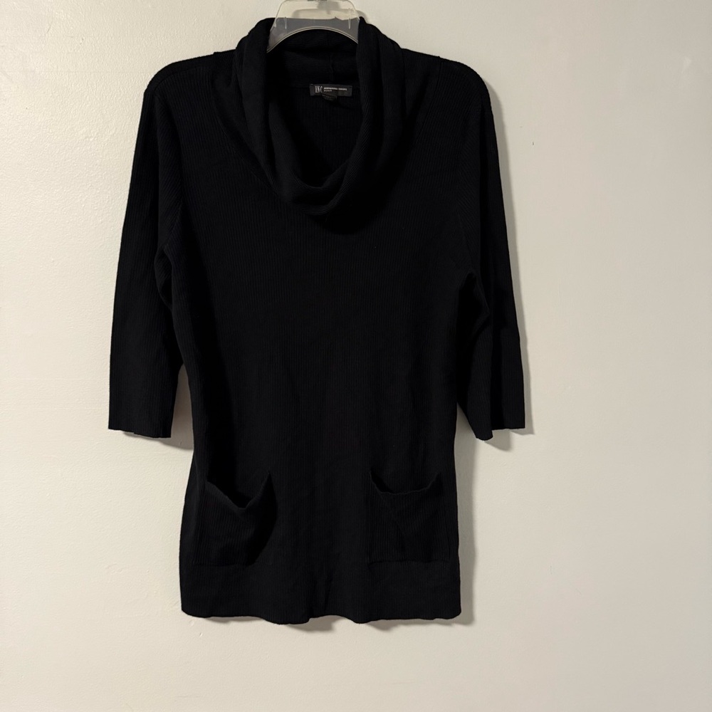 INC Womens Black Ribbed Knit Cowl Neck Tunic Sweater Shirt Plus 2X patch Pockets